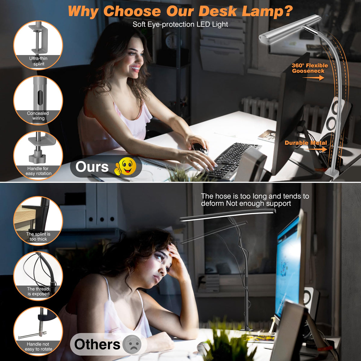 Airlonv LED Desk Lamp with Clamp, 17" Stepless Dimming Light, Black