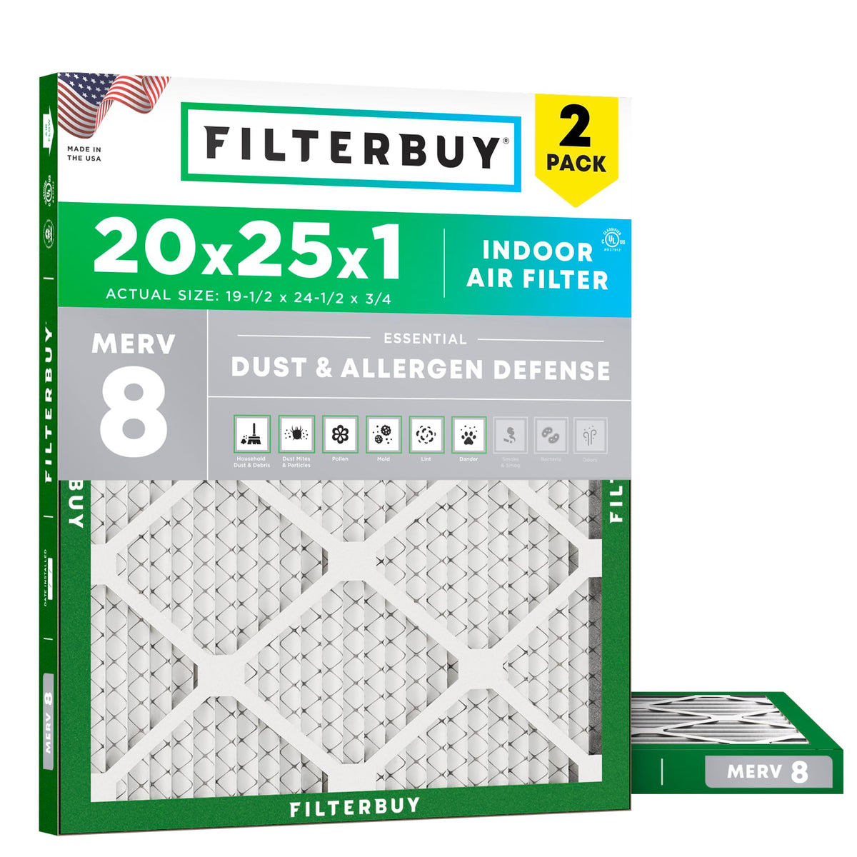 Filterbuy 18x18x1 Air Filter MERV 8 Dust & Allergy Defense (2-Pack)