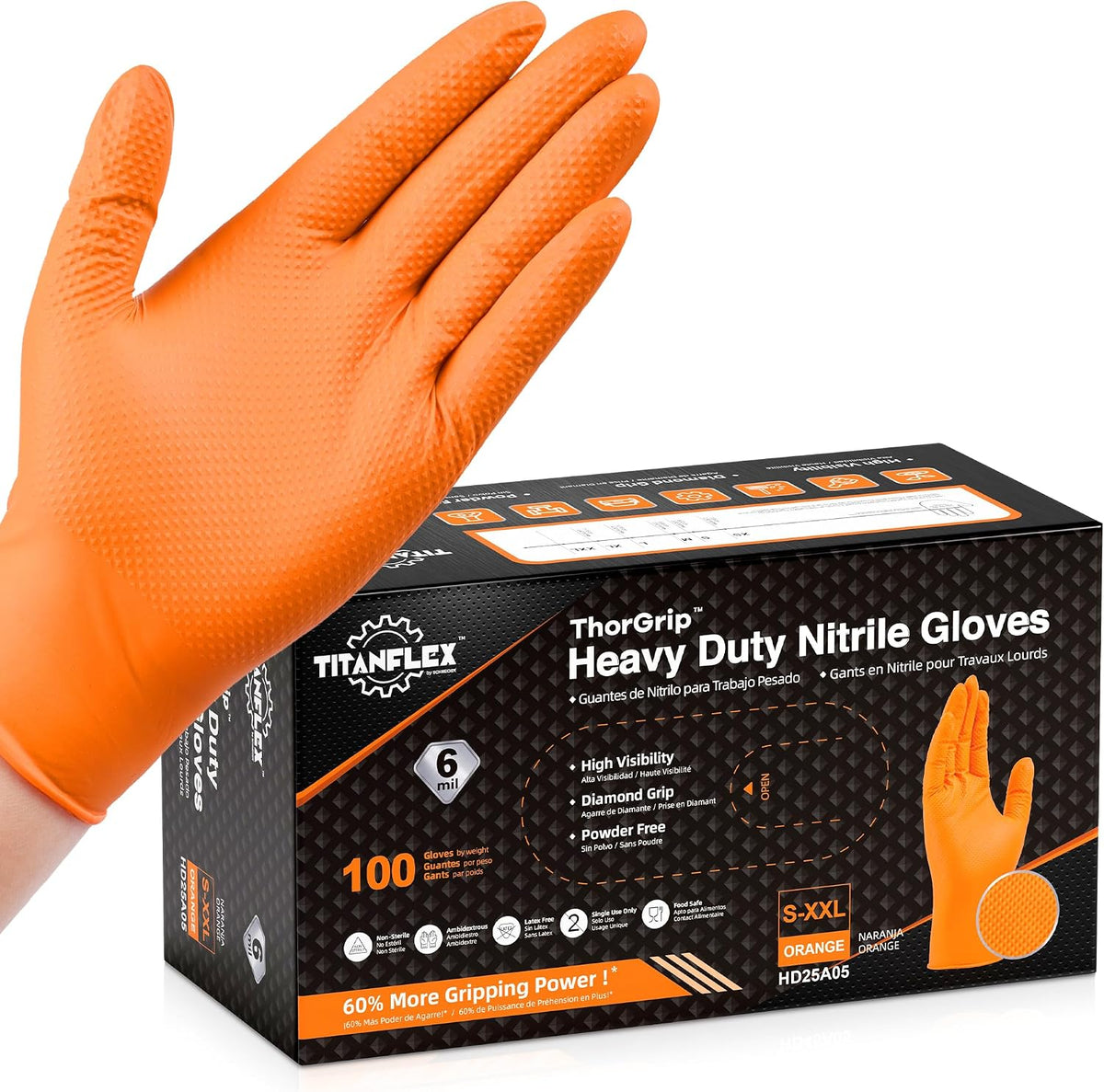 TitanFlex Heavy Duty Industrial Orange Nitrile Gloves, 8-mil, Gloves Disposable Latex Free with Raised Diamond Texture Grip, Powder Free, Rubber Glove, Mechanic Gloves,50-ct Box (Small)