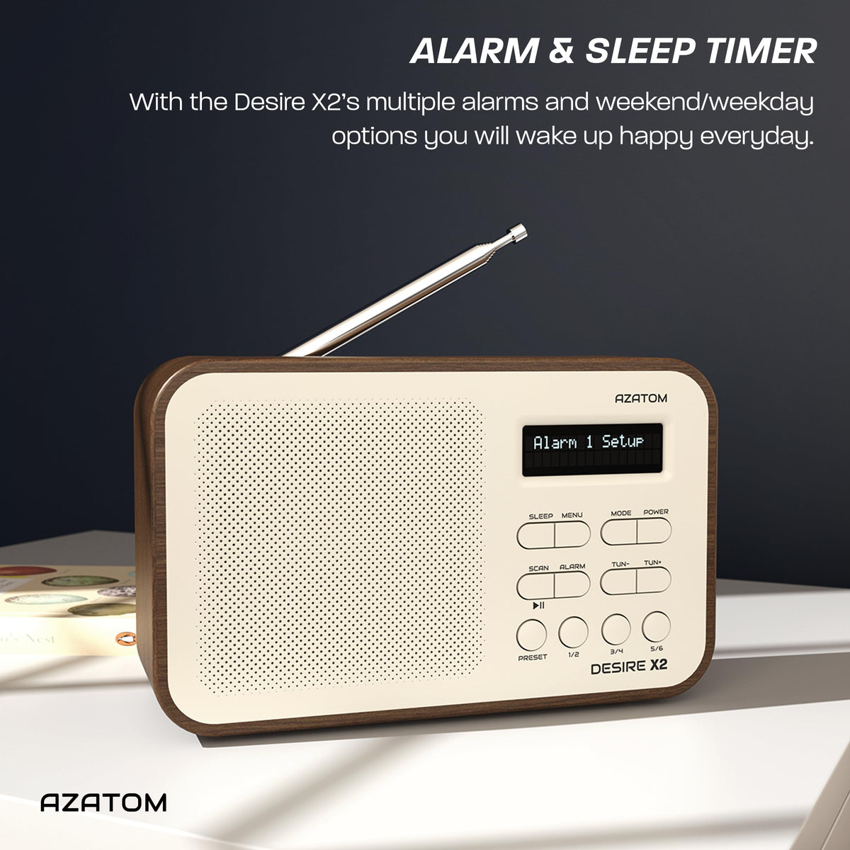 DAB/DAB+ & FM Portable Digital Radio | Simple Controls | Dual Alarms & Sleep Timer | Battery & Mains Powered (4x”AA”) | Bluetooth | Perfect for Home, Office or Outdoors | AZATOM Desire X2 (Oak)