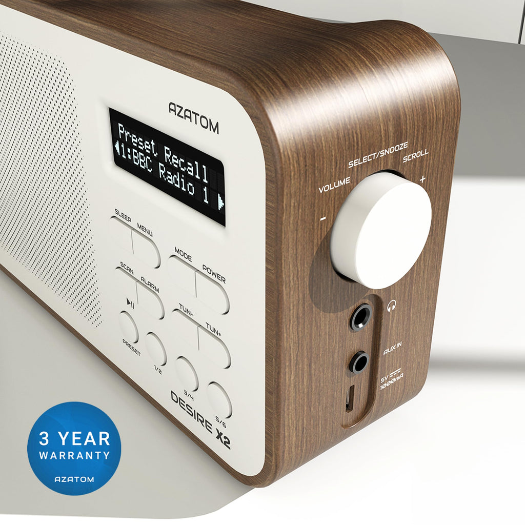 DAB/DAB+ & FM Portable Digital Radio | Simple Controls | Dual Alarms & Sleep Timer | Battery & Mains Powered (4x”AA”) | Bluetooth | Perfect for Home, Office or Outdoors | AZATOM Desire X2 (Oak)