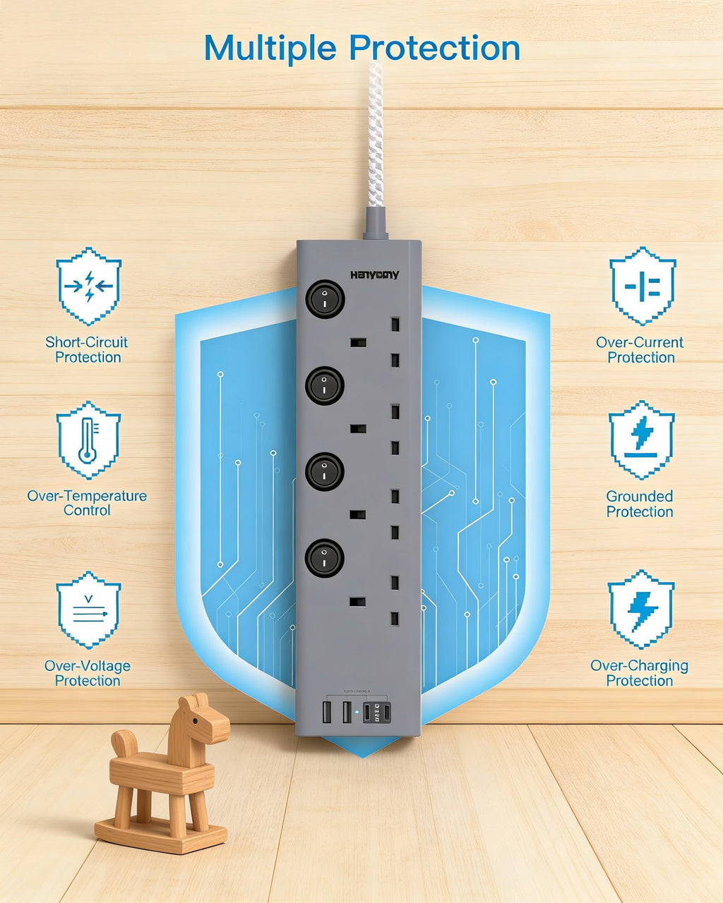 Black Extension Lead with 4 USB Slots(2 USB C), 4 Way Plug Extension Socket