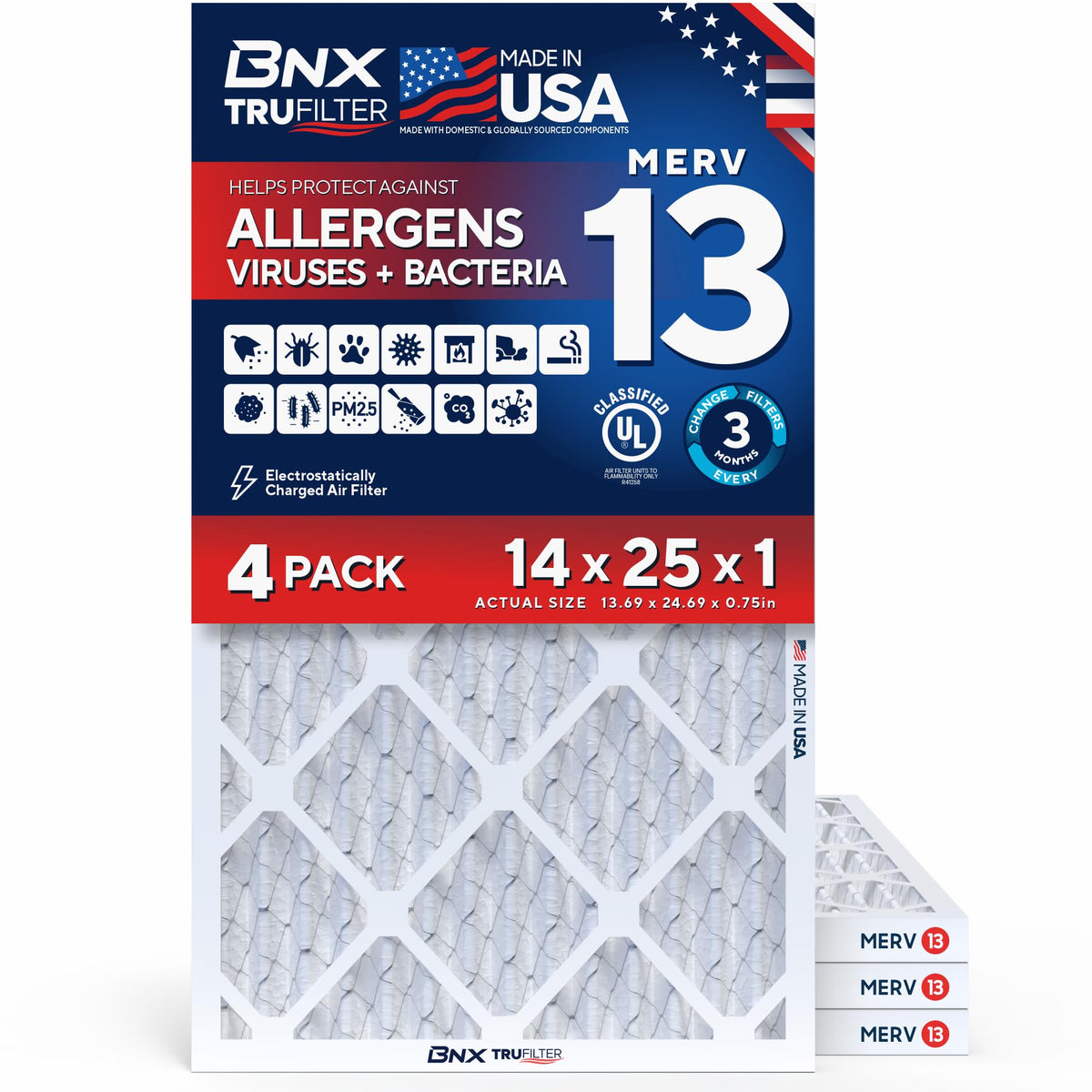 BNX TruFilter 20x20x1 Air Filter MERV 13 Smoke, Allergy, Pet Defense 6-Pack