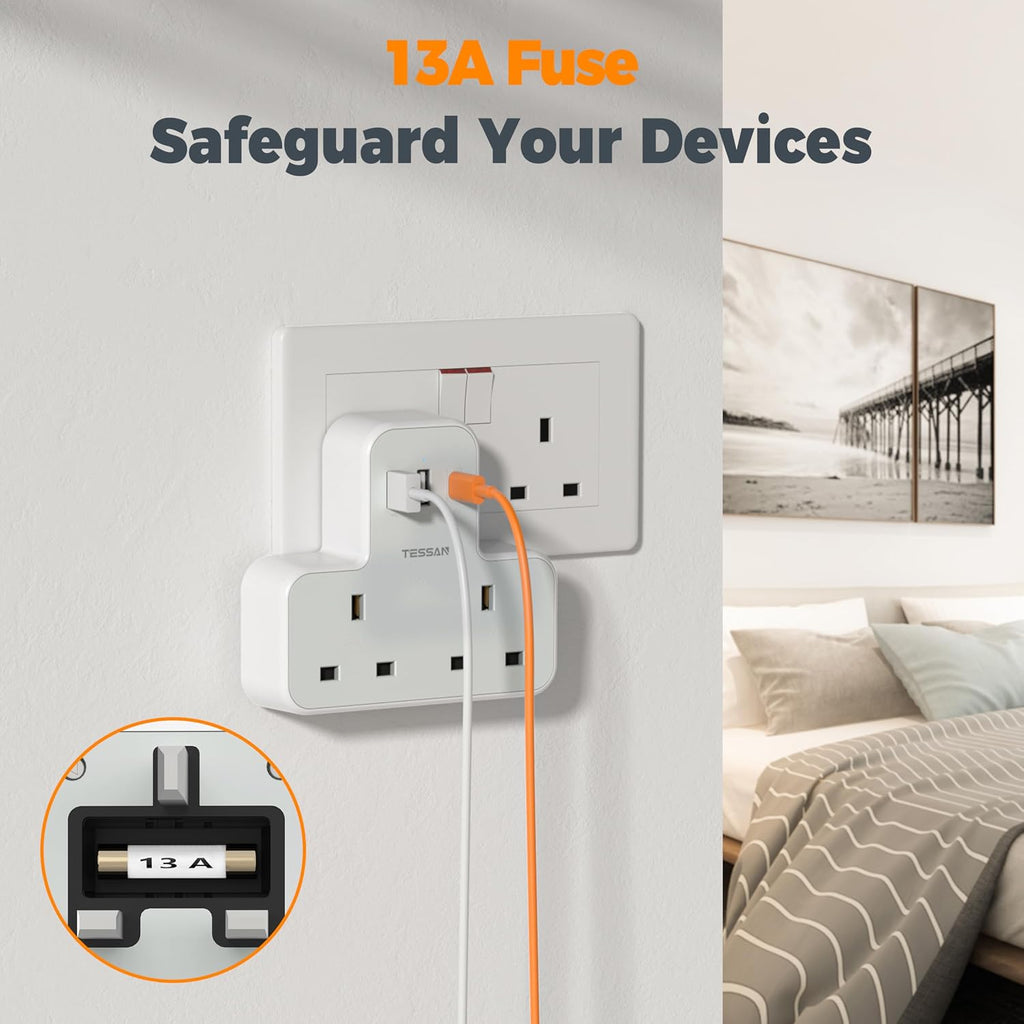 TESSAN Plug Adapter with 3 USB Ports, 2 Way MultiPlug Extension
