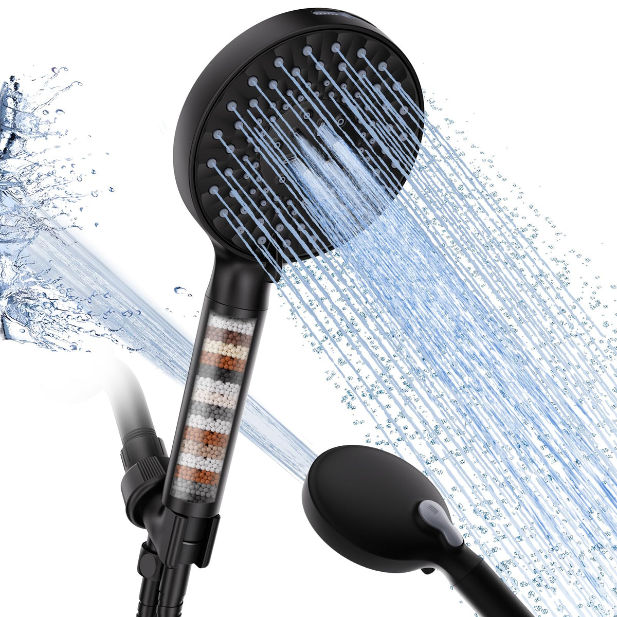 SR SUN RISE Filtered Shower Head with Handheld High Pressure 9 Spray Mode Showerhead Detachable Shower Head Water Softener Filters Beads for Hard Water Remove Chlorine 1 Filter Bright Silver