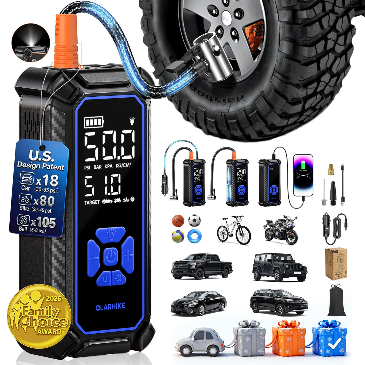 OlarHike Tire Inflator Portable Air Compressor,Dual Power-3*2500mAh &12V DC