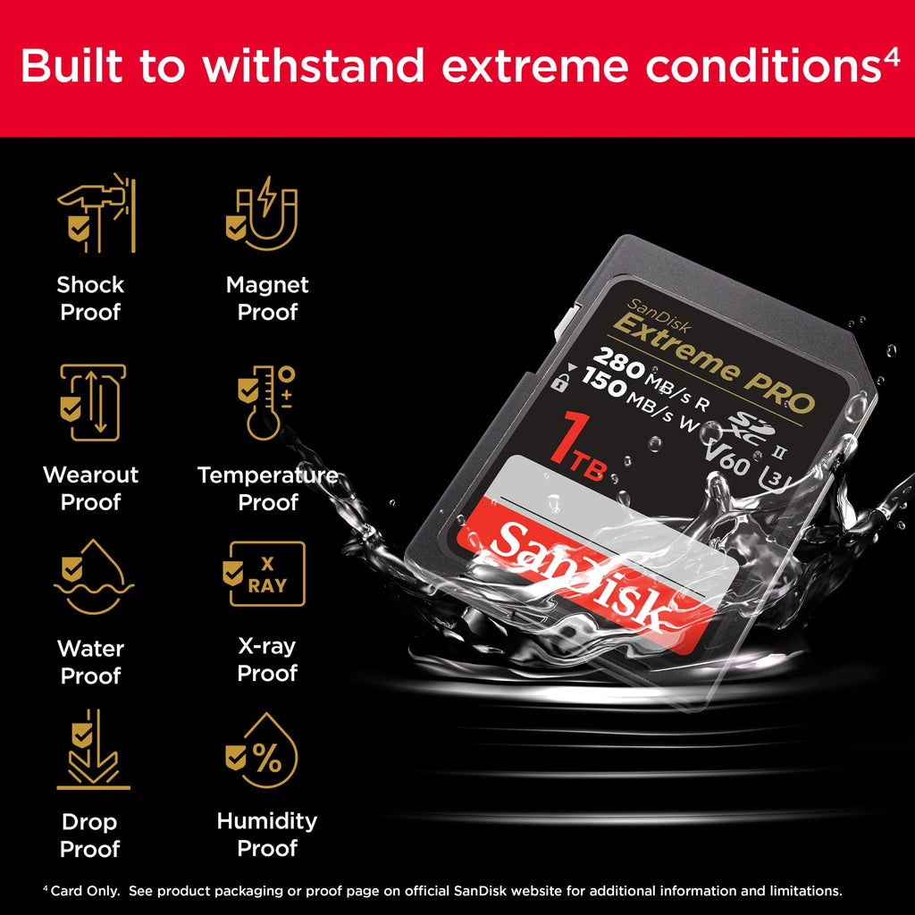 SanDisk 1TB Extreme PRO SDXC card, SD Card, V60 Memory card, 6K & 4K UHD, up to 280 MB/s, Shock, Temperature, Water and X-Ray Proof, RescuePro Deluxe data recovery software, UHS-II, Class 10, U3