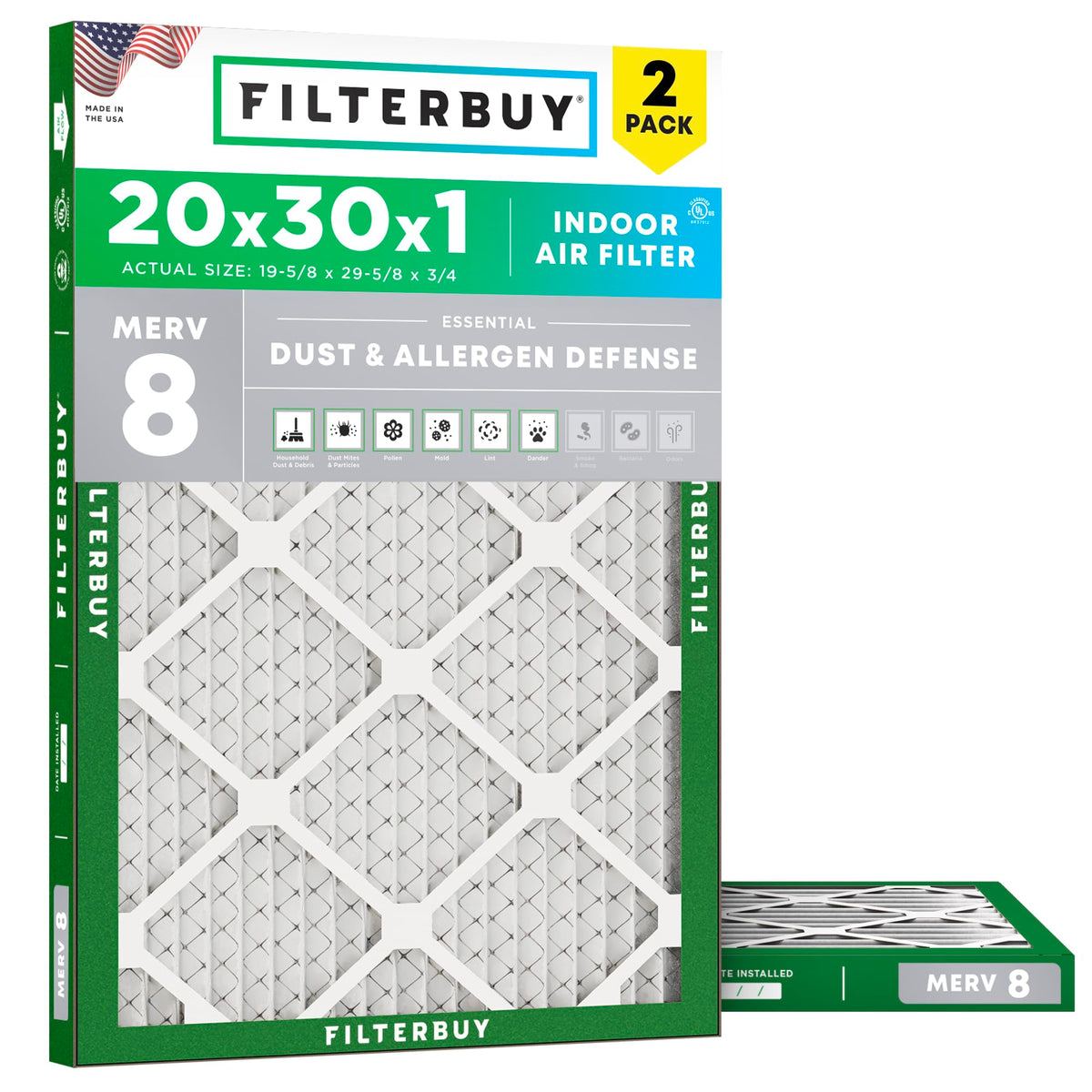 Filterbuy 18x18x1 Air Filter MERV 8 Dust & Allergy Defense (2-Pack)