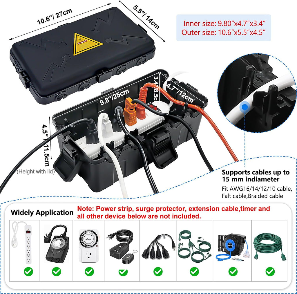 Hrensaw Medium Outdoor Electrical Box(10.6x5.5x4.5inch),Weatherproof Connection Box w/6 Cable Entry,IP54 Waterproof Extension Cord Cover Protect Power Strip,Timer,Plug,Holiday Lights,Black