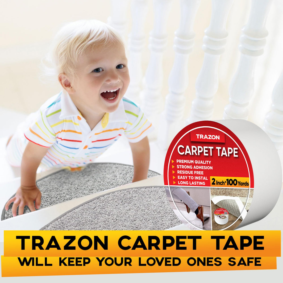 Carpet Tape Double Sided - Rug Tape Grippers for Hardwood Floors and Area Rugs - Carpet Binding Tape Strong Adhesive and Removable, Heavy Duty Stickers Grip Tape, Residue Free (2 Inch / 12 Yards)