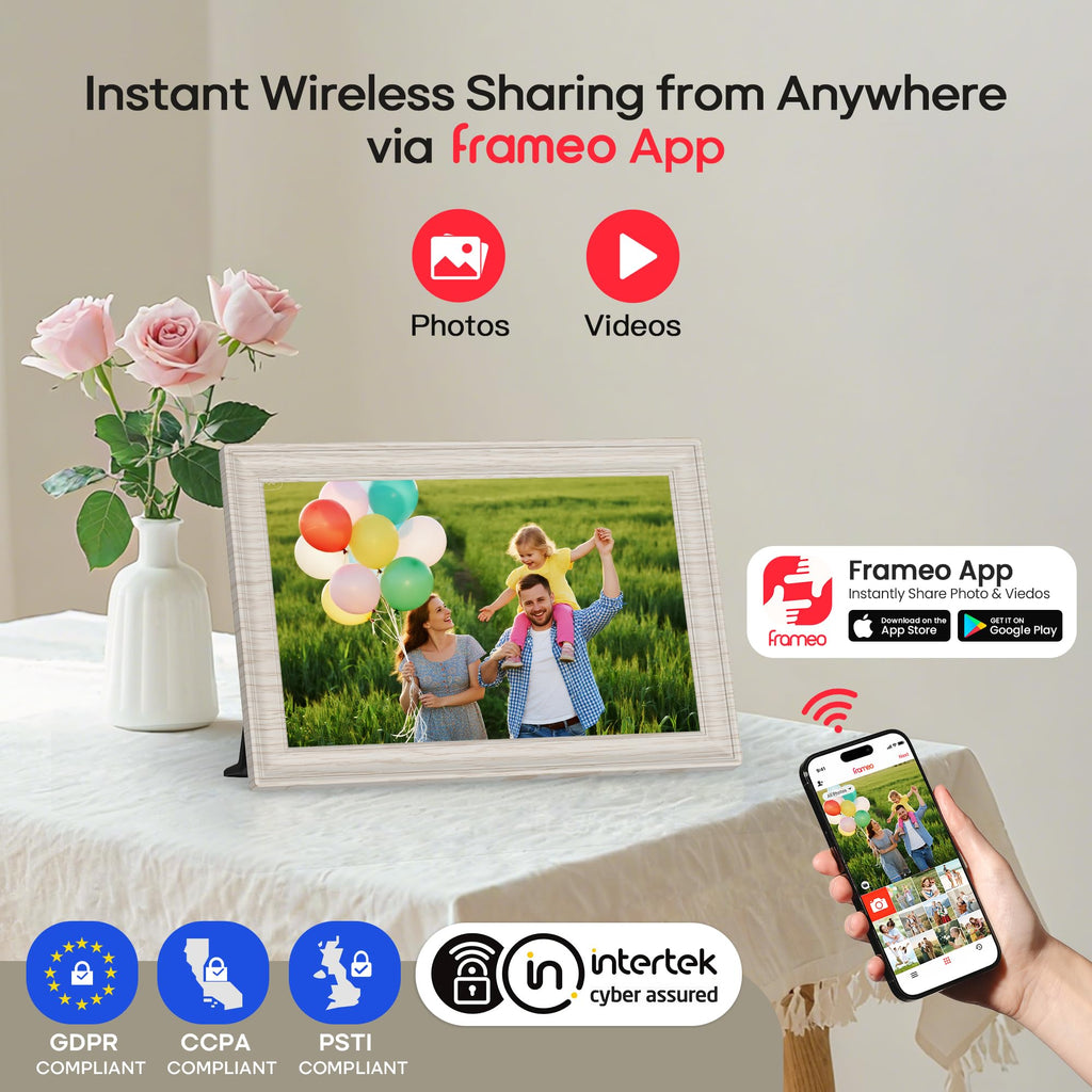Frameo WiFi Digital Photo Frame 10.1 Inch - 1280x800 HD IPS Touch Screen Picture Frame Electronic, 32GB Memory, Auto Rotate, Wall Mountable, Digital PictureFrame for Sharing Photos and Videos