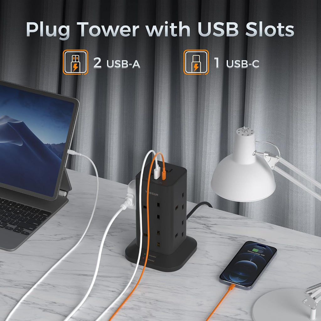 TESSAN Tower Black Extension Lead with USB C Slots