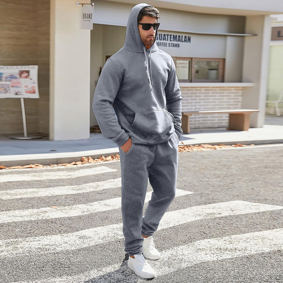 Mens Plain Tracksuit Long Sleeve Hooded Sweatshirt Sweatpants Set Hoodie Joggers Sets 2 Piece Fashion Sweatsuits Activewear Sportswear Men's Clothing UK