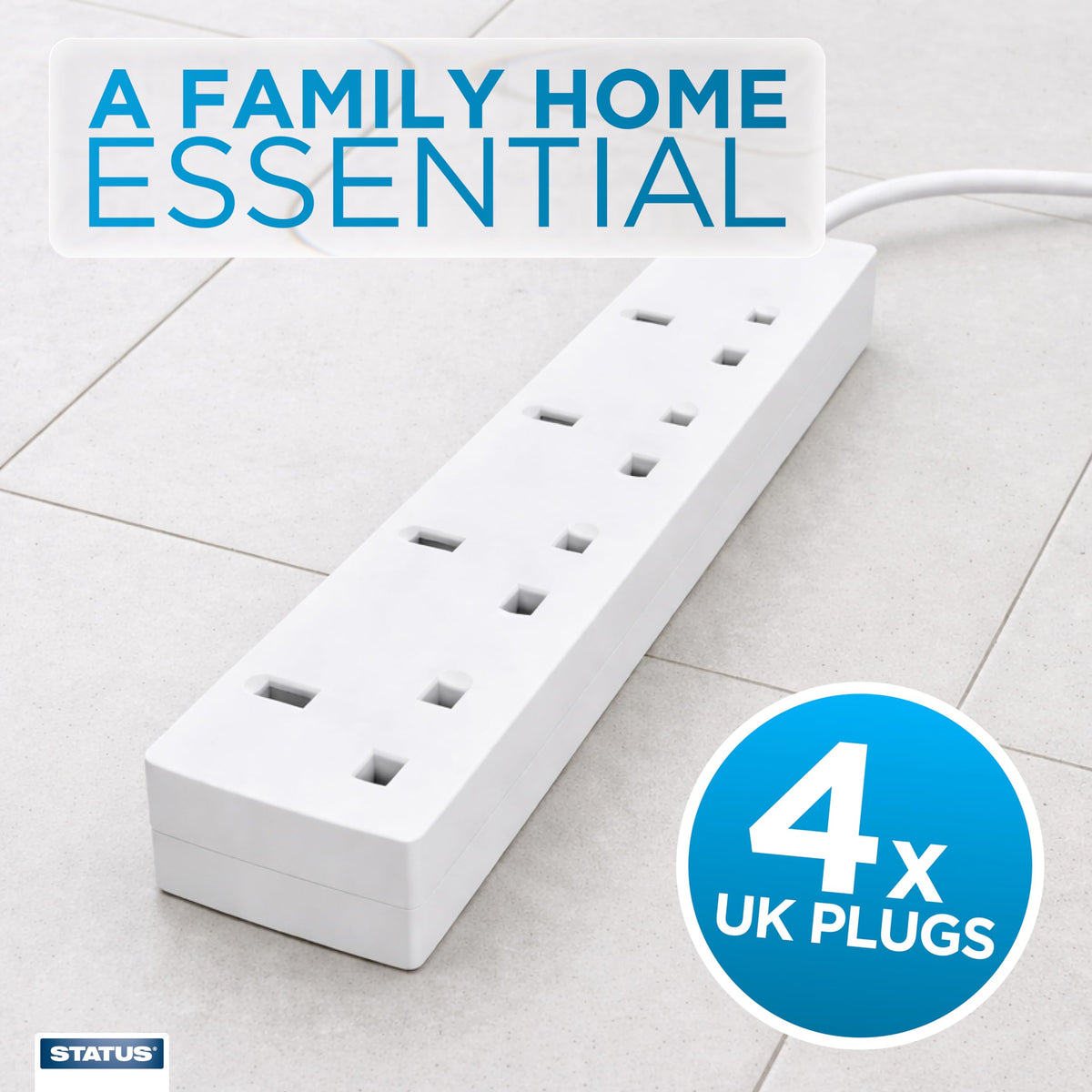 STATUS 4 Way Socket Extension Lead, 1m Cable, White (4WS1M20)