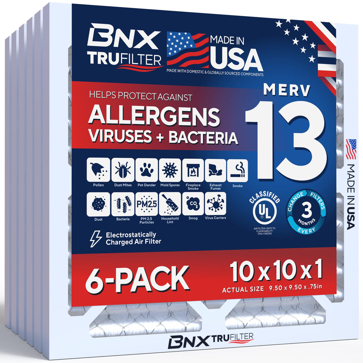 BNX TruFilter 20x20x1 Air Filter MERV 13 Smoke, Allergy, Pet Defense 6-Pack