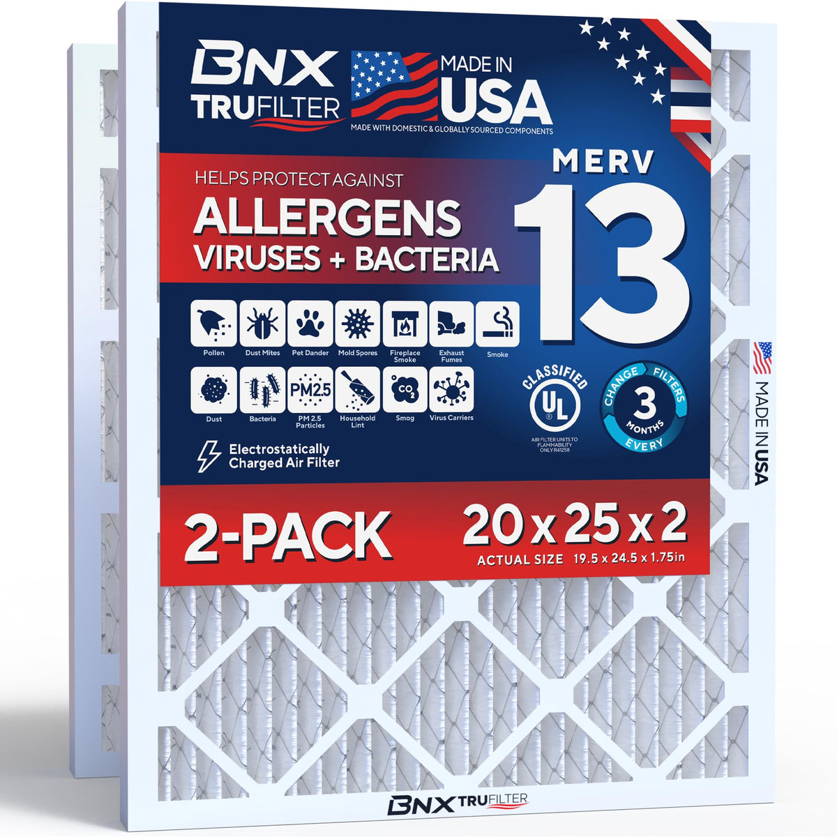 BNX TruFilter 20x20x1 Air Filter MERV 13 Smoke, Allergy, Pet Defense 6-Pack