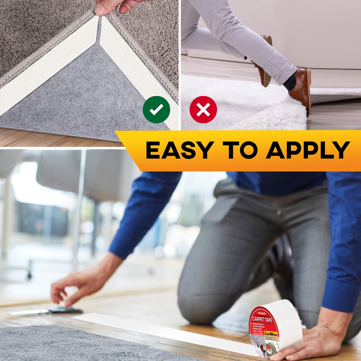 Carpet Tape Double Sided - Rug Tape Grippers for Hardwood Floors and Area Rugs - Carpet Binding Tape Strong Adhesive and Removable, Heavy Duty Stickers Grip Tape, Residue Free (2 Inch / 12 Yards)
