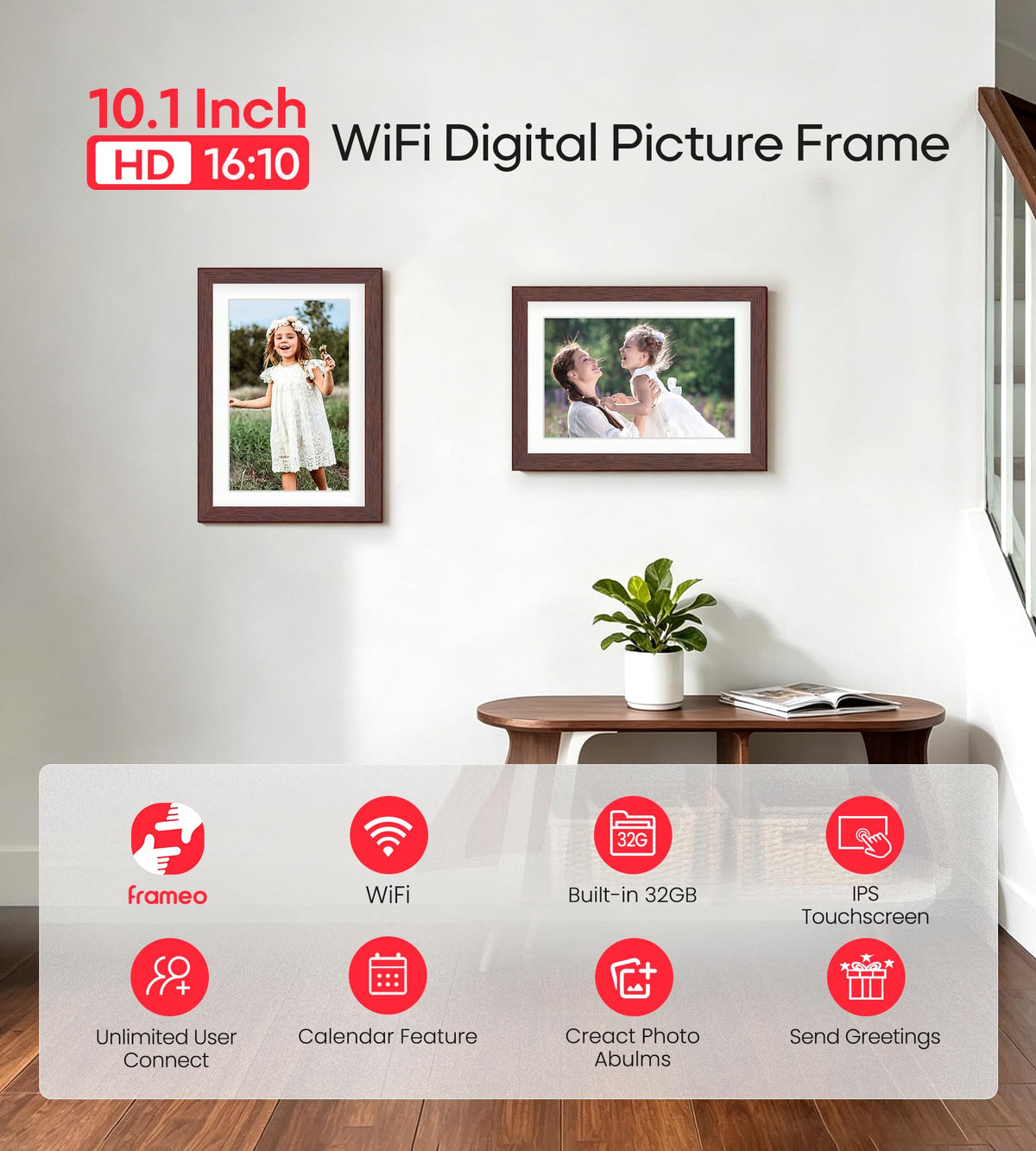 Frameo WiFi Digital Photo Frame 10.1 Inch - 1280x800 HD IPS Touch Screen Picture Frame Electronic, 32GB Memory, Auto Rotate, Wall Mountable, Digital PictureFrame for Sharing Photos and Videos