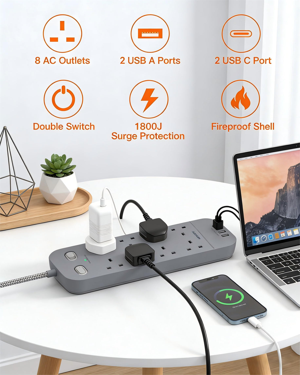 Black Extension Lead, 8 Way Outlets Power Strip with 4 USB Slots (2 USBC)