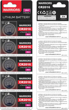 Warriors 5X CR2016 Batteries, 3V Lithium Coin Batteries