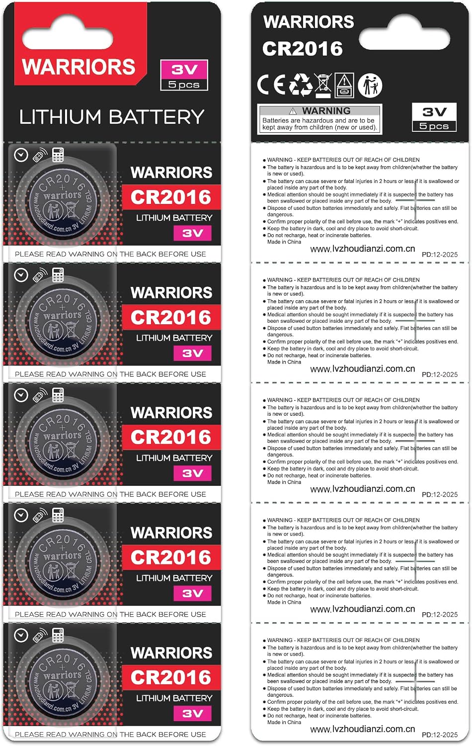 Warriors 5X CR2016 Batteries, 3V Lithium Coin Batteries