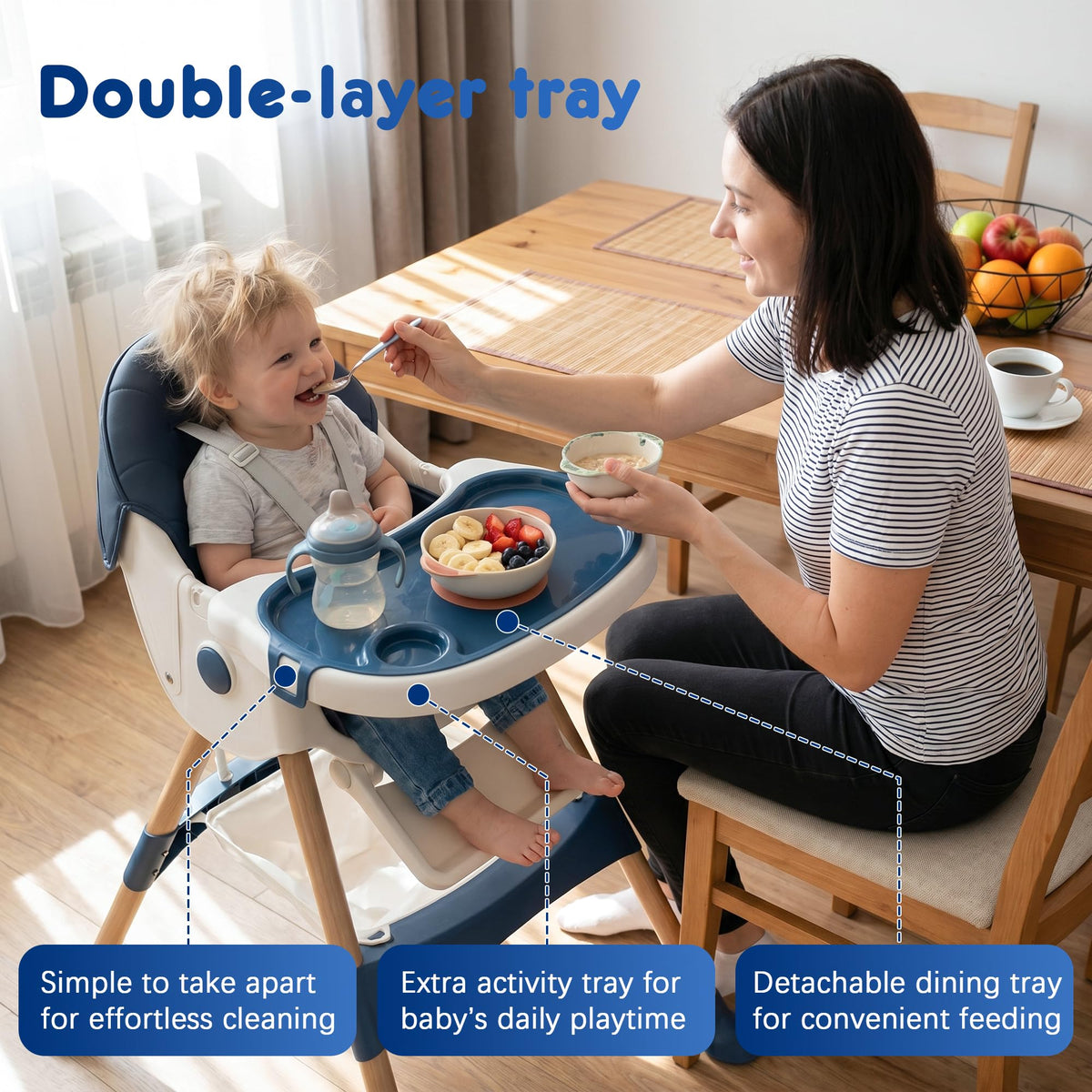 Baby High Chair Foldable Highchair, High Chairs for Babies and Toddlers Adjustable Height & Reclining Seat Detachable Double Tray, Ergonomic Feeding Portable Highchairs for Newborn 6 Months to 5 Years