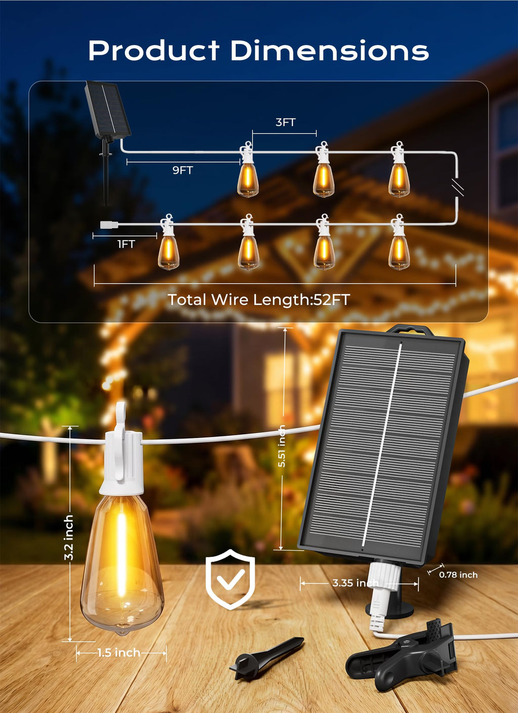 Brightown 52FT Solar String Lights Outdoor Waterproof, Last 30+ Hrs Runtime