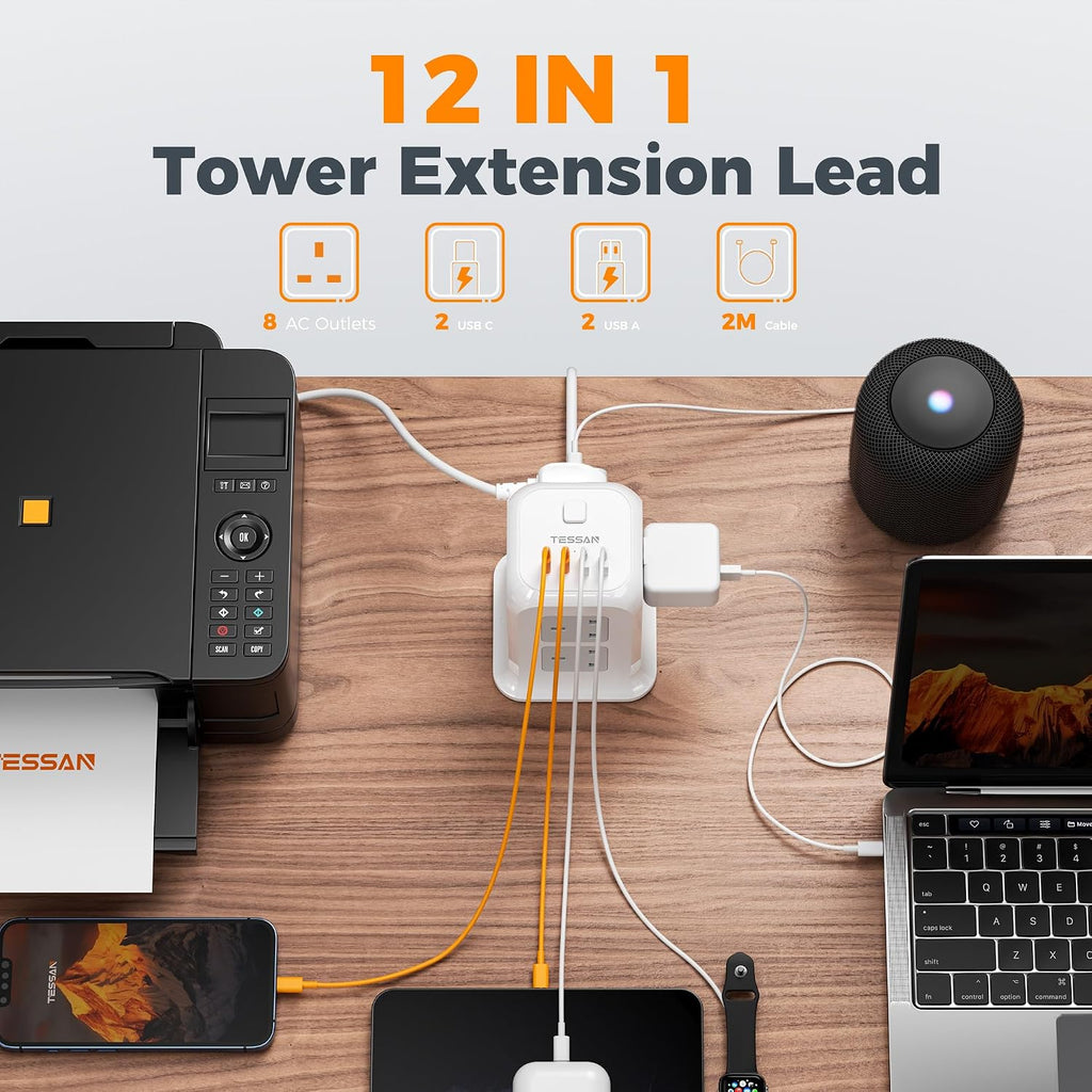 TESSAN 8 Way Tower Extension Lead 2M with 4 USB Slots (2 USB C)