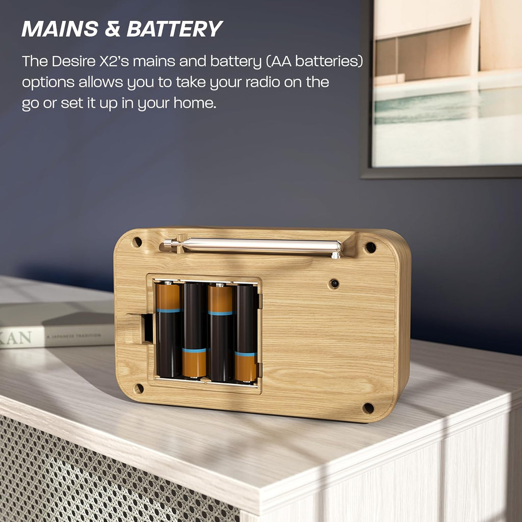 DAB/DAB+ & FM Portable Digital Radio | Simple Controls | Dual Alarms & Sleep Timer | Battery & Mains Powered (4x”AA”) | Bluetooth | Perfect for Home, Office or Outdoors | AZATOM Desire X2 (Oak)