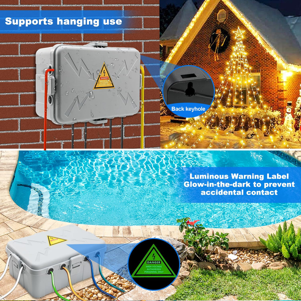 Hrensaw Medium Outdoor Electrical Box(10.6x5.5x4.5inch),Weatherproof Connection Box w/6 Cable Entry,IP54 Waterproof Extension Cord Cover Protect Power Strip,Timer,Plug,Holiday Lights,Black