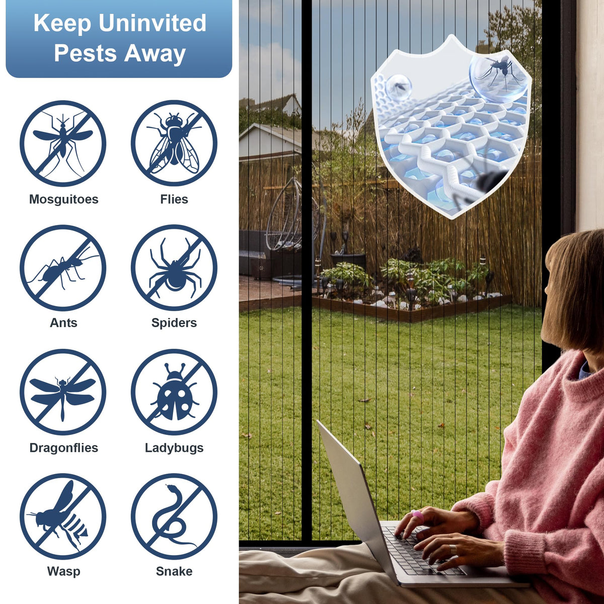 METAONLY Magnetic Screen Door Mesh, Works for Patio, Sliding Door, Keeps Bug Mosquito Out, Fresh Air Flow, Fits 32" x 80" Door - Curtain Size 34" x 82", Black with Lace
