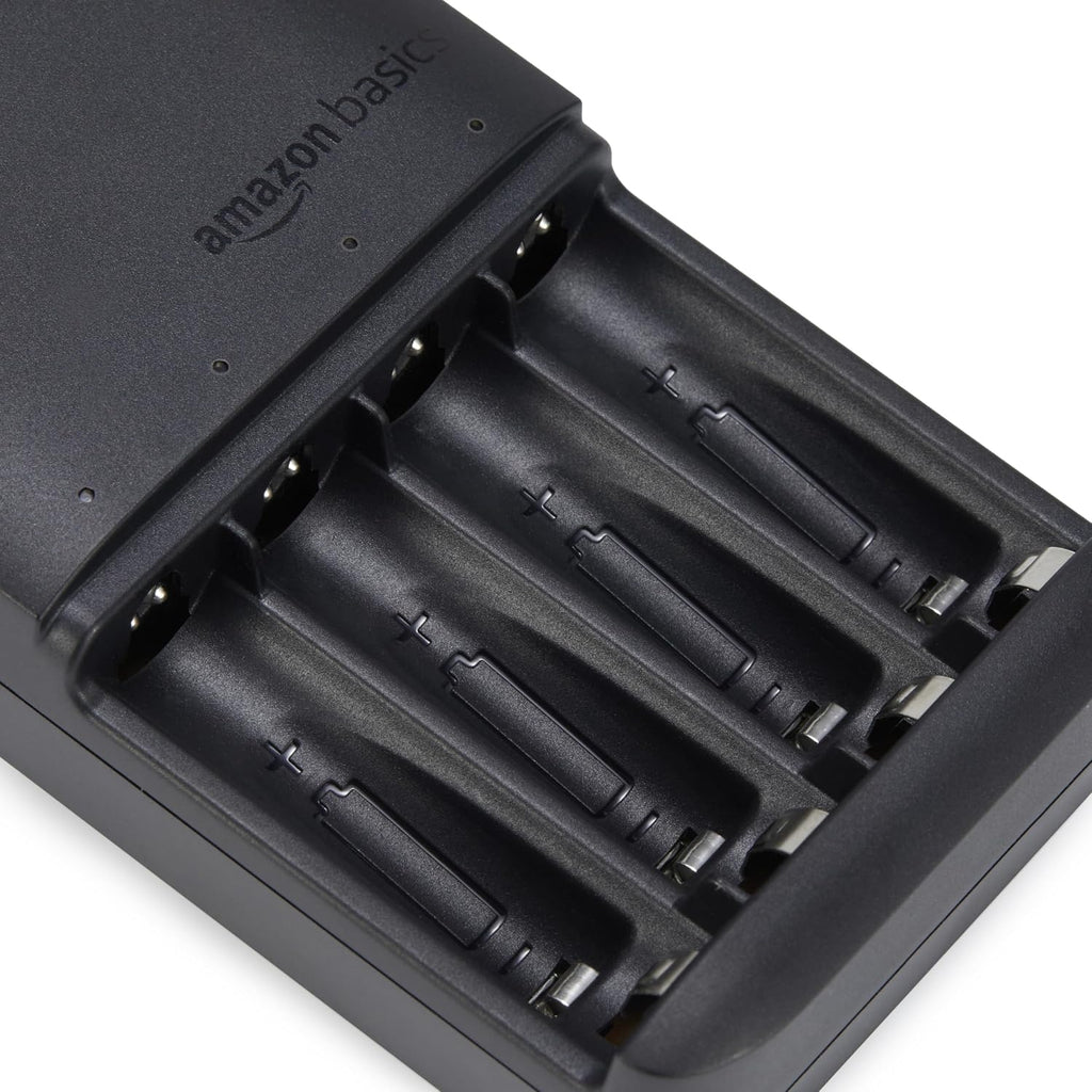 Amazon Basics Battery Charger for Rechargeable AA and AAA NiMh Batteries – UK Plug, 4-Bay, Black
