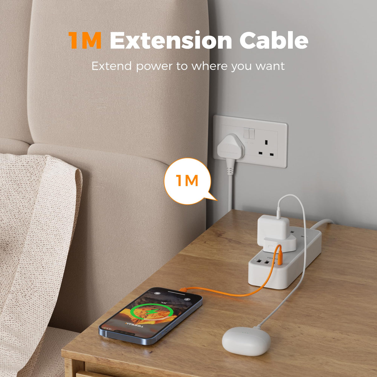 TESSAN 10M Long Extension Lead with PD 20W USB C Charger (4 USB Slots)