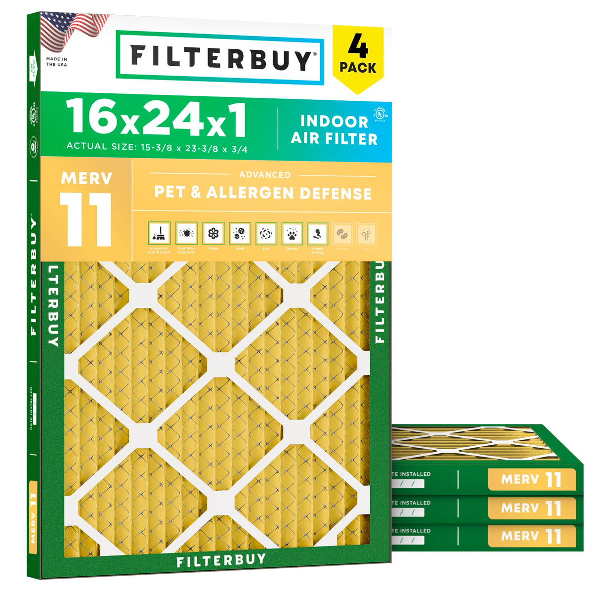 Filterbuy 16x20x1 Air Filter MERV 11 Pet & Allergy Defense (4-Pack)