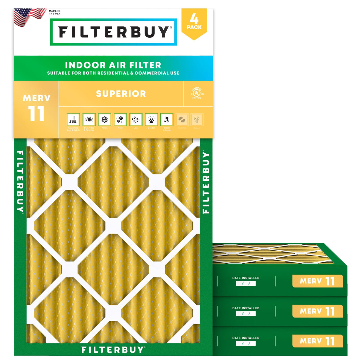 Filterbuy 16x20x1 Air Filter MERV 11 Pet & Allergy Defense (4-Pack)