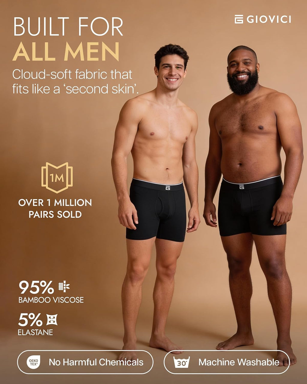 Giovici Mens Boxers Bamboo Anti Chafing Soft Comfortable Boxer Briefs Longer Leg - Boxer Shorts Multipack - Moisture Wicking Technology