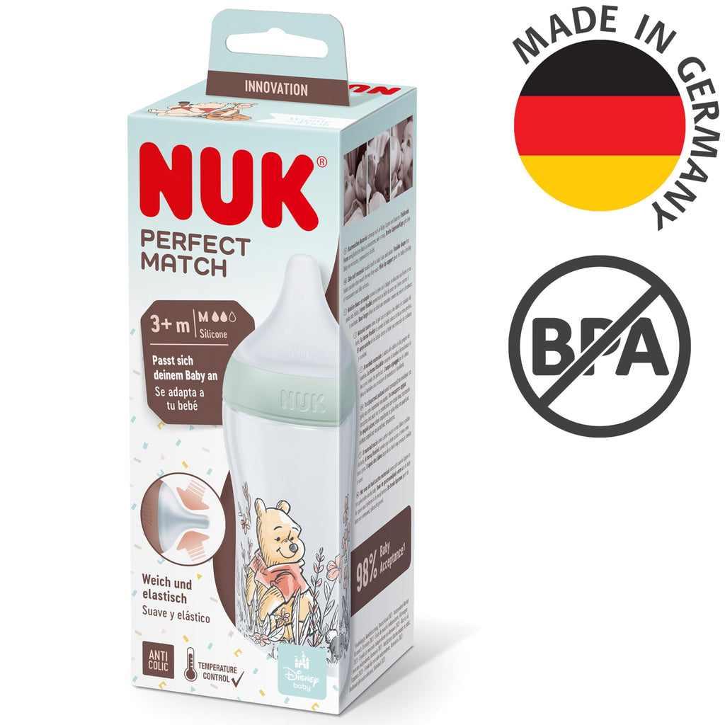 NUK Perfect Match Baby Bottle | 3+ Months | 260ml | Anti Colic Feeding Bottle | PP | Temperature Control Indicator | Hippo | 3 Count