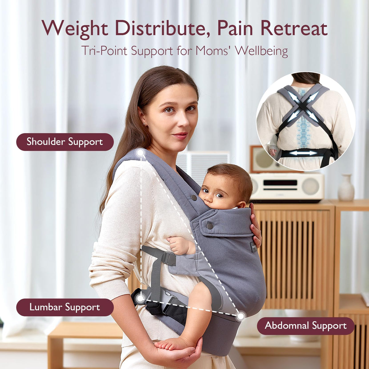 Momcozy Baby Carrier for 3-24M/3.2-20kg, Waist 64-127cm, Cotton Black