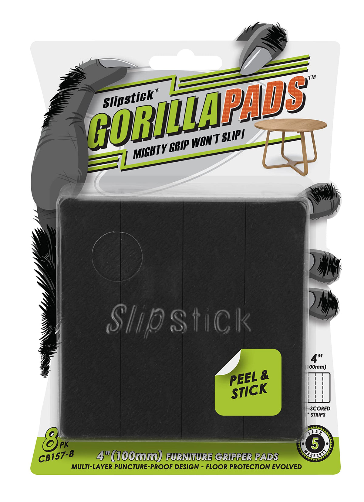 Slipstick GorillaPads Non Slip Furniture Pads/Gripper Floor Protectors (Set of 4) 3 Inch Square Self Adhesive Rubber Stoppers for Furniture Legs, CB155