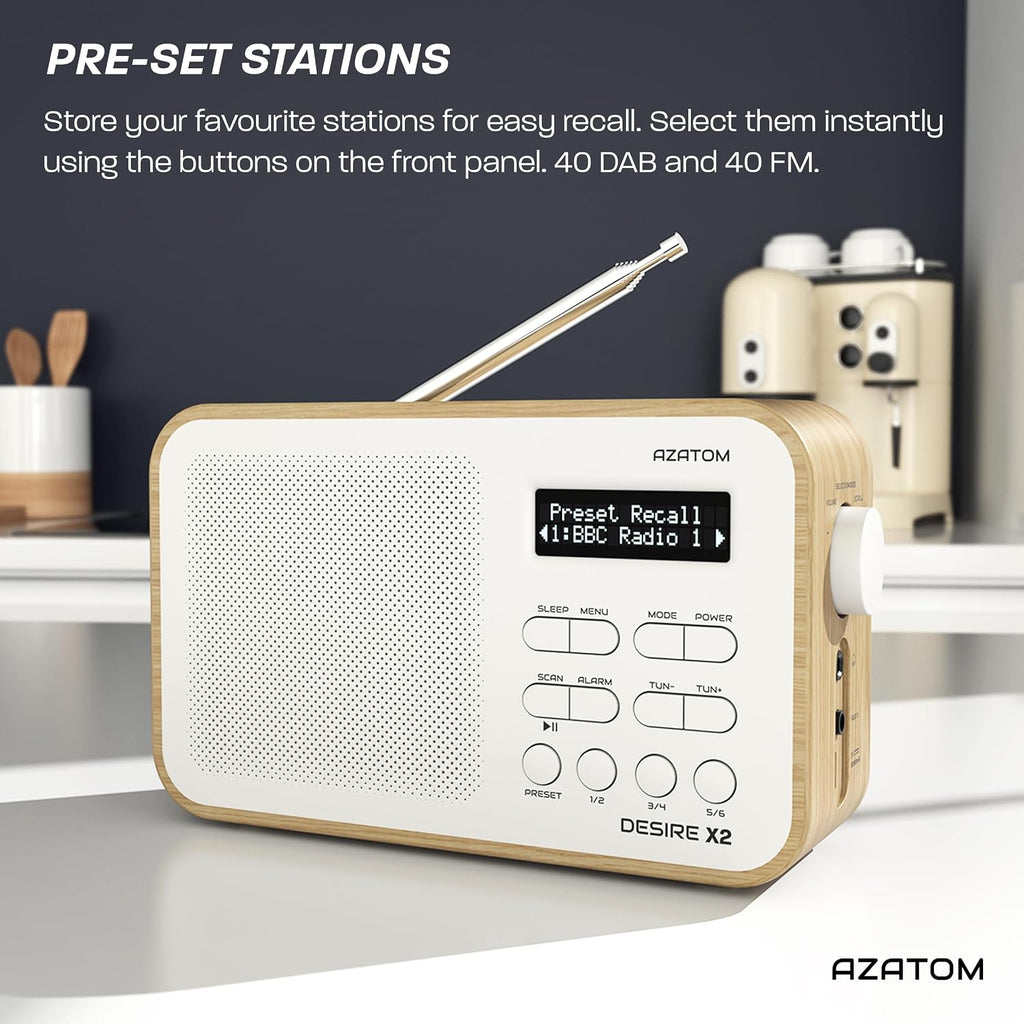 DAB/DAB+ & FM Portable Digital Radio | Simple Controls | Dual Alarms & Sleep Timer | Battery & Mains Powered (4x”AA”) | Bluetooth | Perfect for Home, Office or Outdoors | AZATOM Desire X2 (Oak)