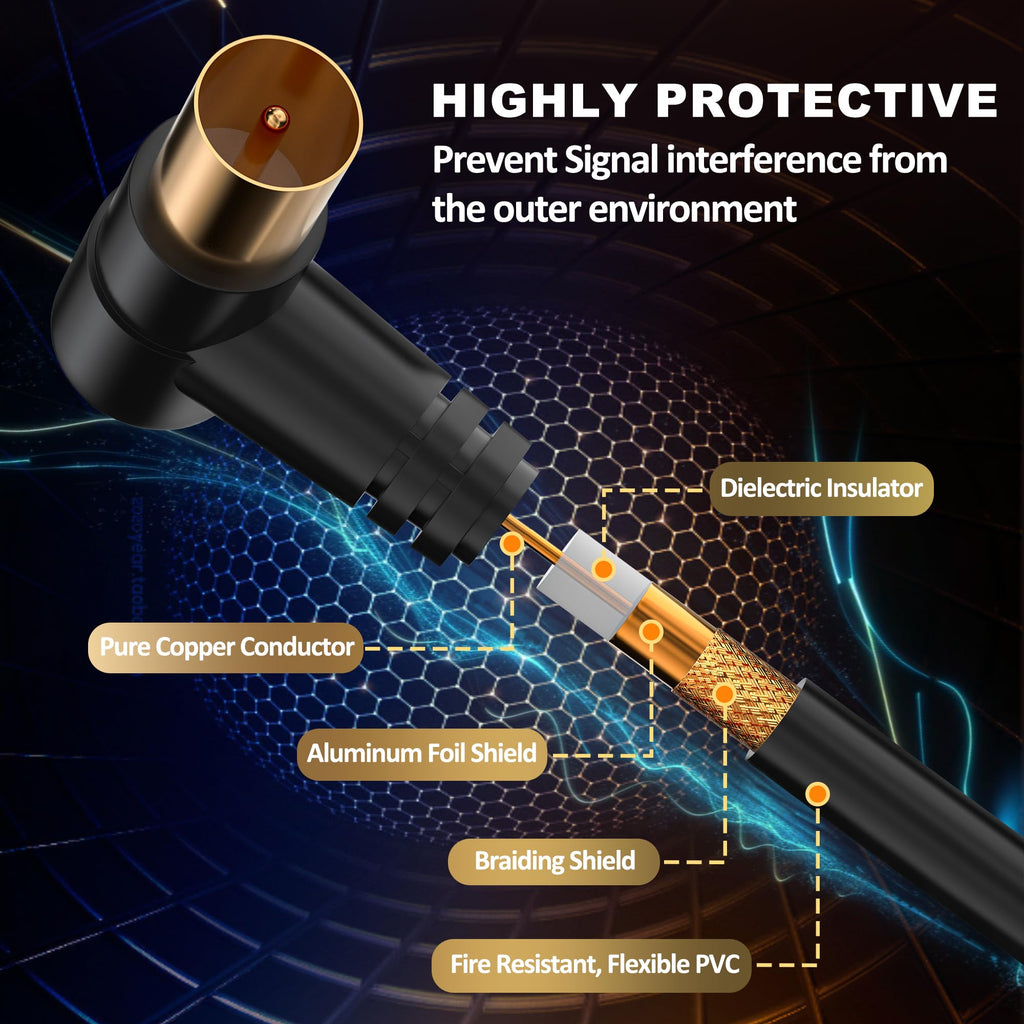 TV Aerial Cable 10m, 75 Ohm Coaxial Lead, IEC 9.5mm Male to Male 3C2V Pure Copper Dual Shielded, Right-Angle Connector, Female to Female Adaptor Included, Black