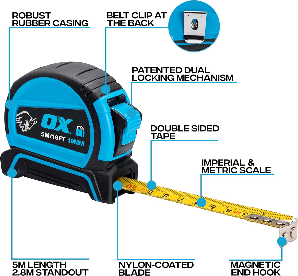 OX Pro Dual Auto Lock Tape Measure 5m, Magnetic Hook, Metric & Imperial