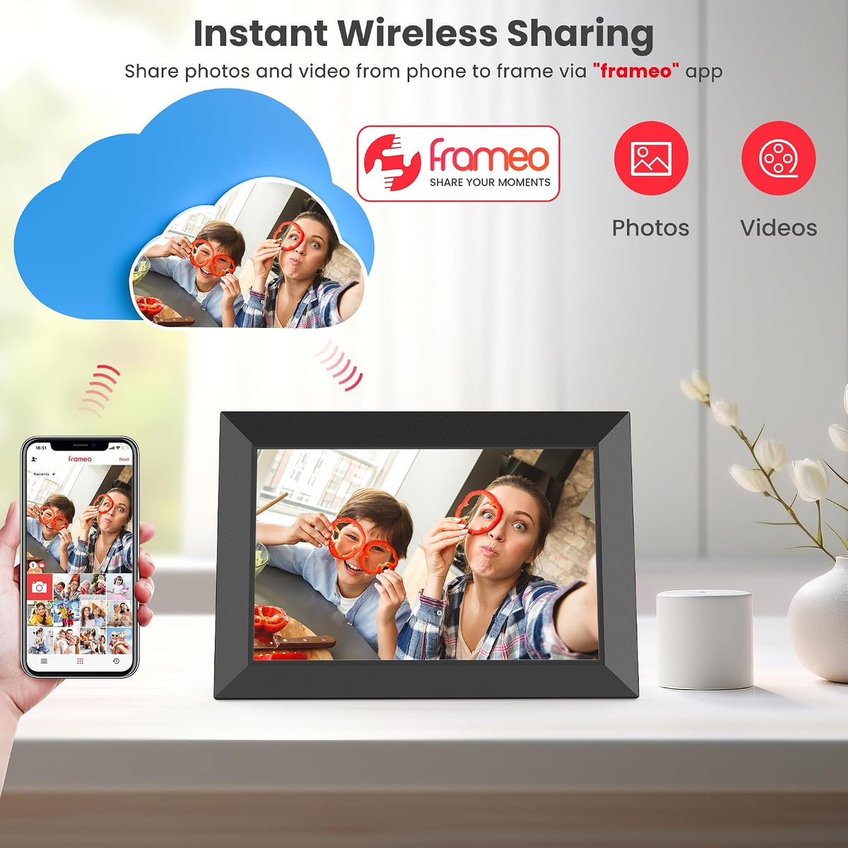 Frameo WiFi Digital Photo Frame 10.1 Inch - 1280x800 HD IPS Touch Screen Picture Frame Electronic, 32GB Memory, Auto Rotate, Wall Mountable, Digital PictureFrame for Sharing Photos and Videos