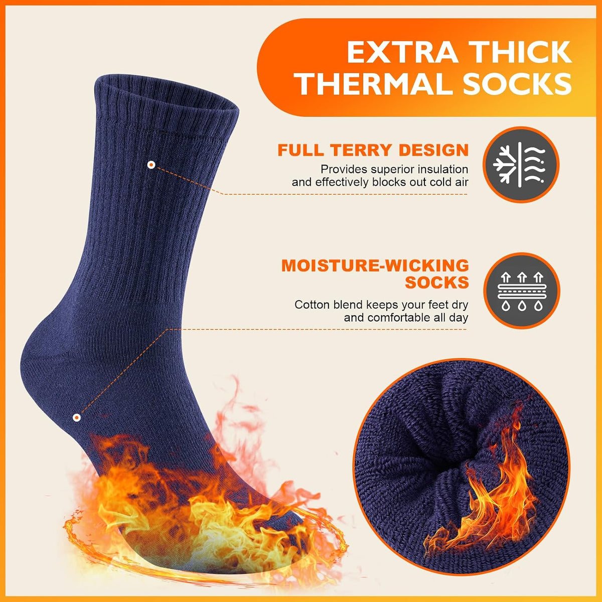 Niofind Warm Thermal Socks for Men Women, Full Cushion Winter Socks, Crew Length Black Heavy Duty Heated Cotton Boot Sock for Work Outdoor Walking, Hiking, Running, 3/6 Pairs, Gifts for Men women