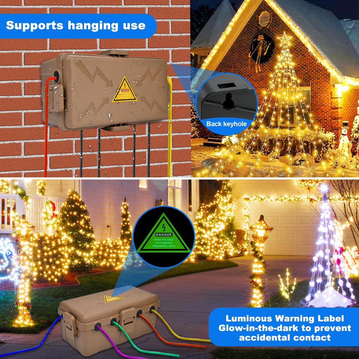 Hrensaw Medium Outdoor Electrical Box(10.6x5.5x4.5inch),Weatherproof Connection Box w/6 Cable Entry,IP54 Waterproof Extension Cord Cover Protect Power Strip,Timer,Plug,Holiday Lights,Black