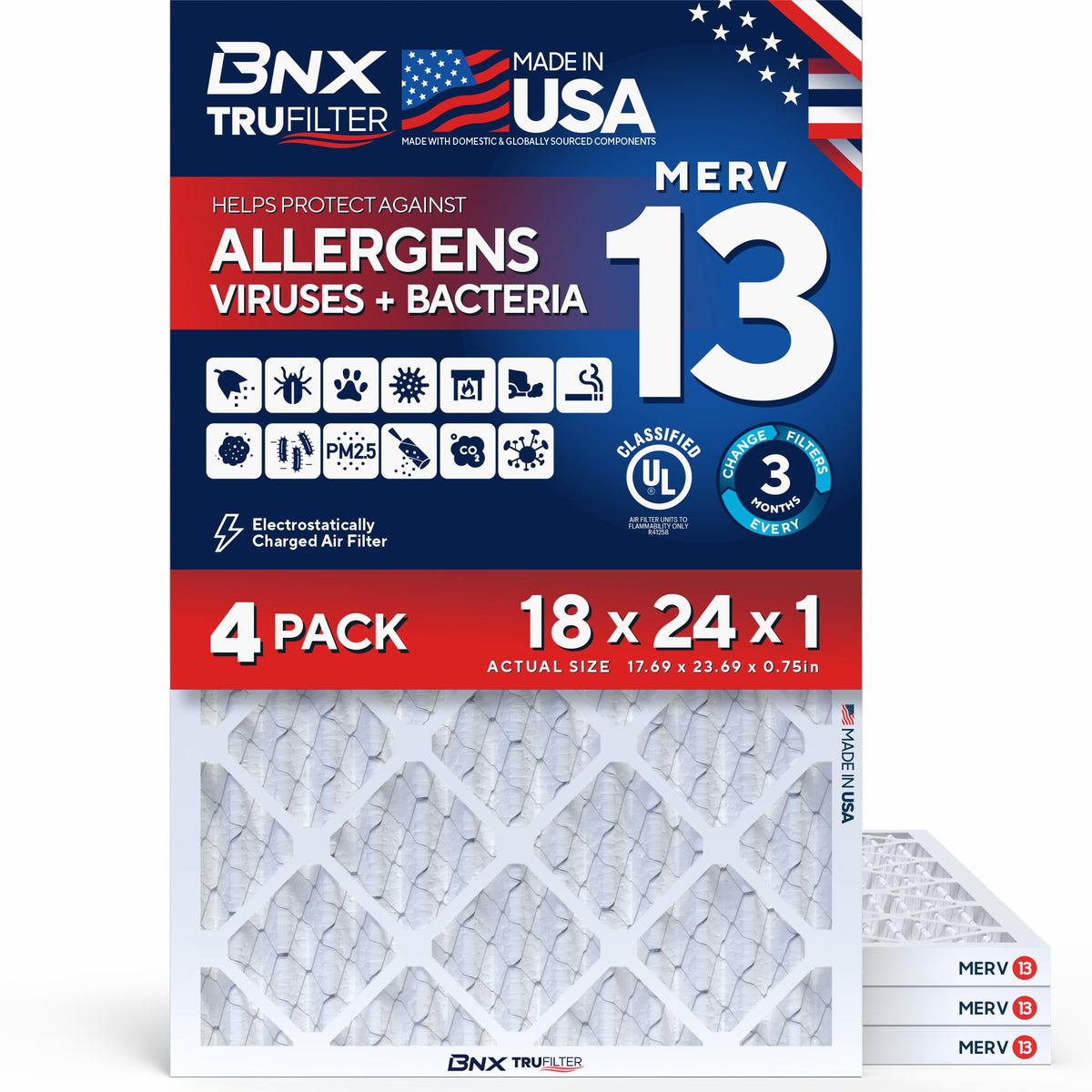 BNX TruFilter 20x20x1 Air Filter MERV 13 Smoke, Allergy, Pet Defense 6-Pack