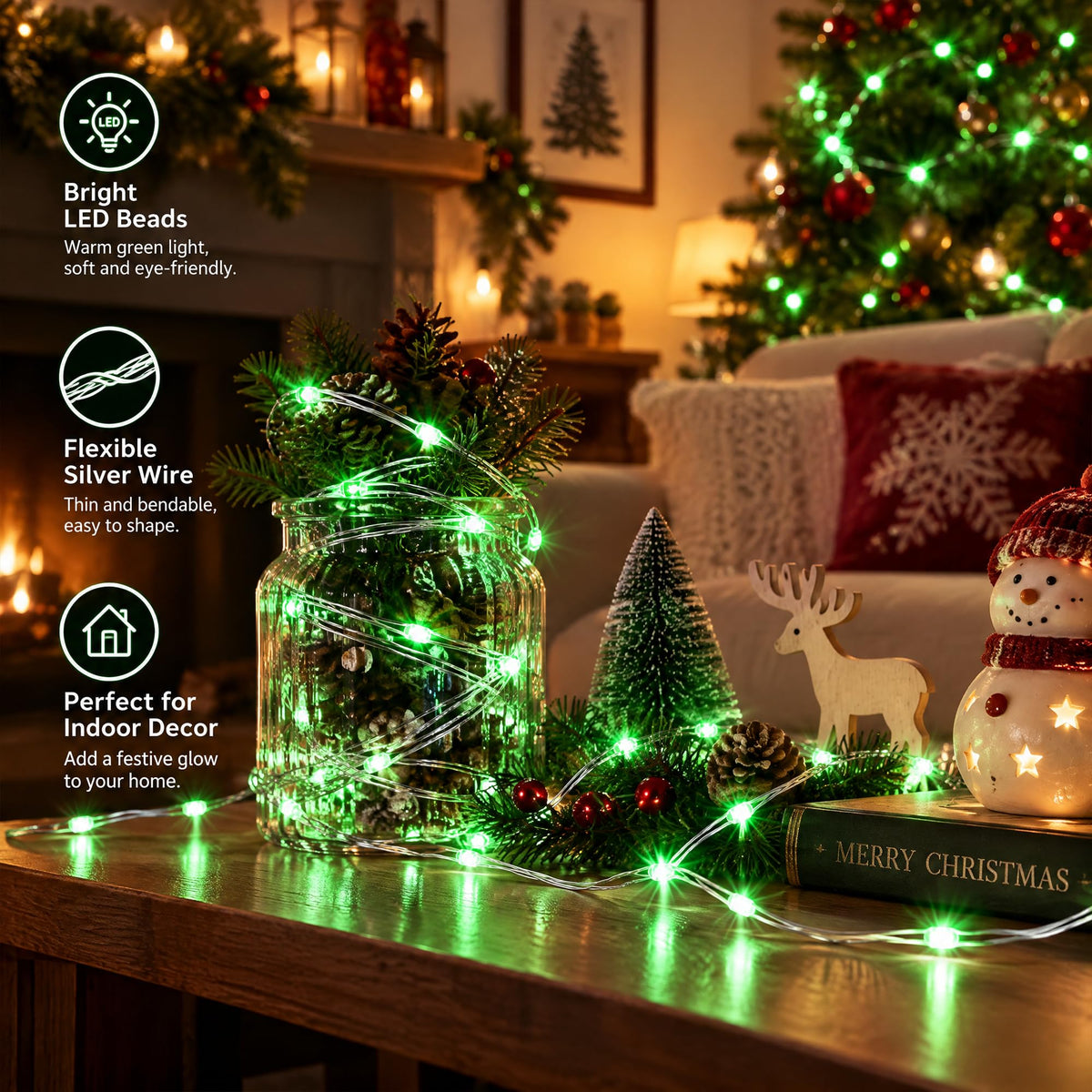 Dazzle Bright Fairy Lights Battery Operated, 20 FT 60 LED Silver Wire Waterproof Battery Operated String Lights, Christmas Decorations for Indoor Outdoor Bedroom Yard Decor, Red