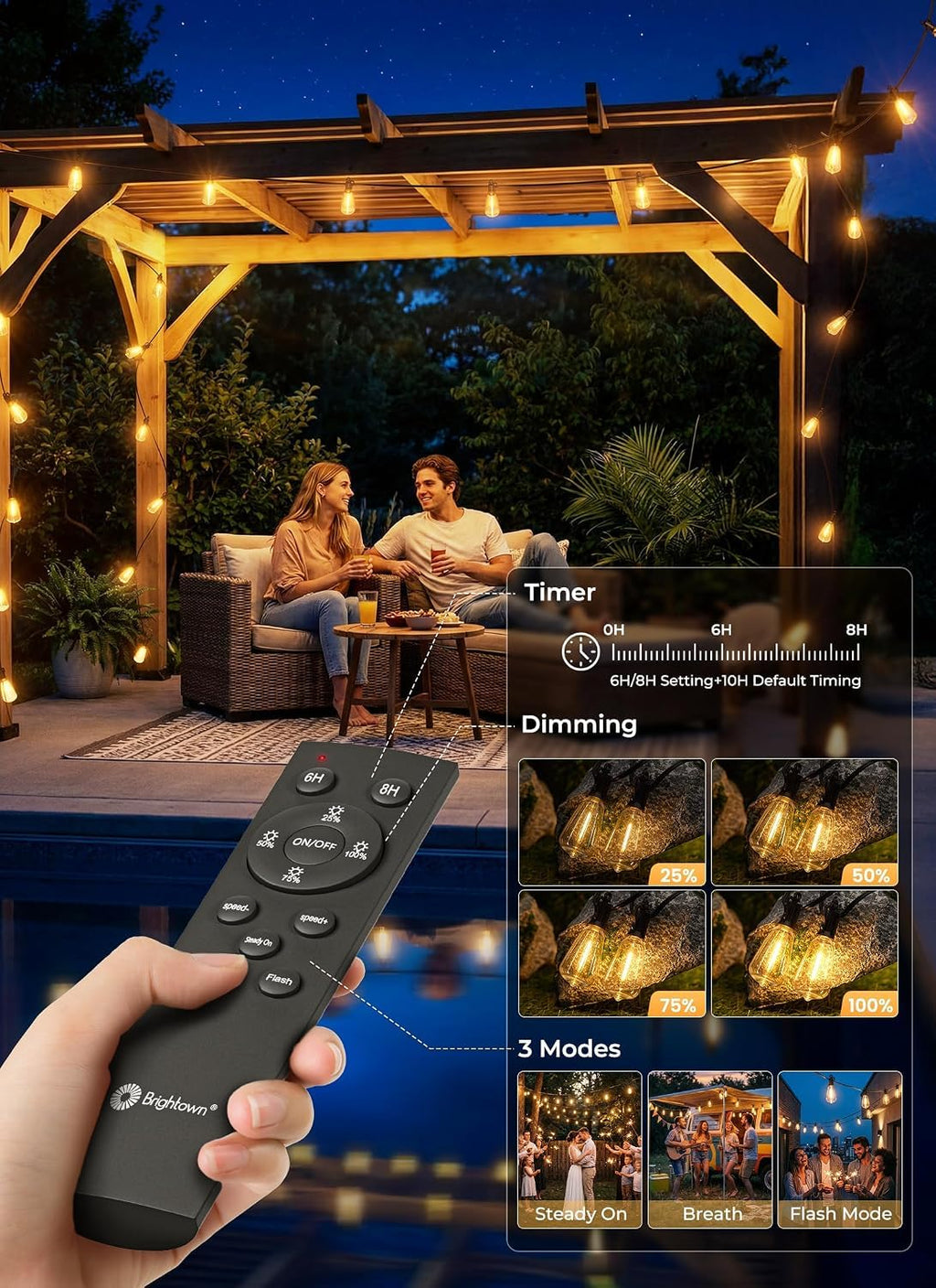 Brightown 52FT Solar String Lights Outdoor Waterproof, Last 30+ Hrs Runtime