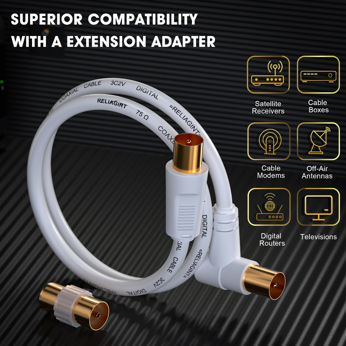 TV Aerial Cable 10m, 75 Ohm Coaxial Lead, IEC 9.5mm Male to Male 3C2V Pure Copper Dual Shielded, Right-Angle Connector, Female to Female Adaptor Included, Black