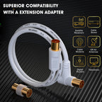 TV Aerial Cable 10m, 75 Ohm Coaxial Lead, IEC 9.5mm Male to Male 3C2V Pure Copper Dual Shielded, Right-Angle Connector, Female to Female Adaptor Included, Black
